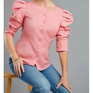 Seragyi Size 4 Pink Martina Blouse 3/4 Puffed Ruffle Sleeves NWT